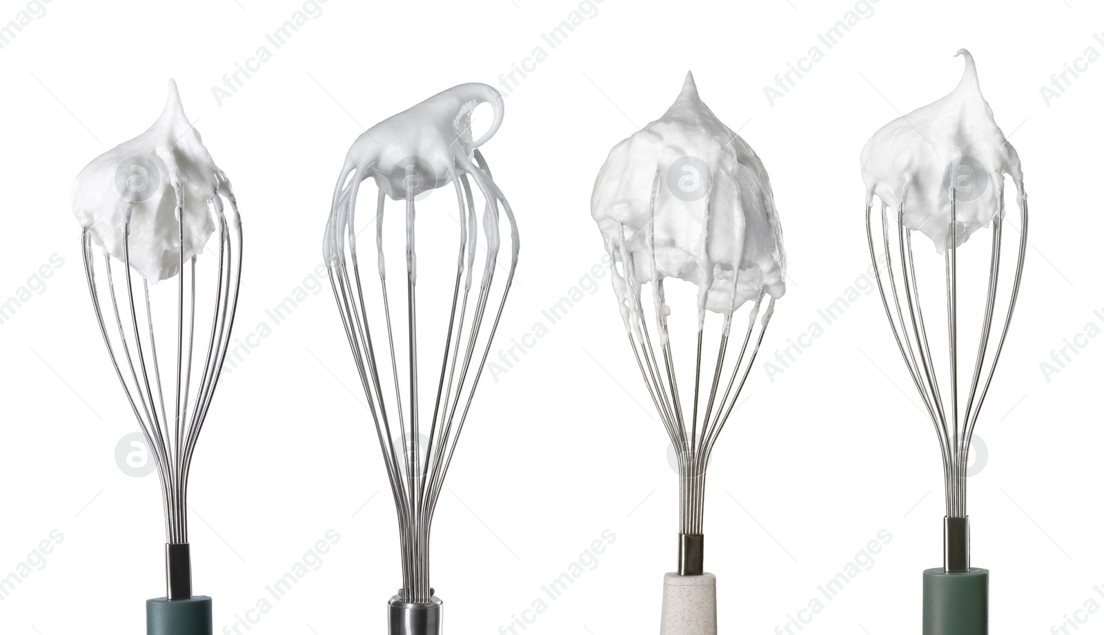 Image of Many different whisks with cream isolated on white, collection