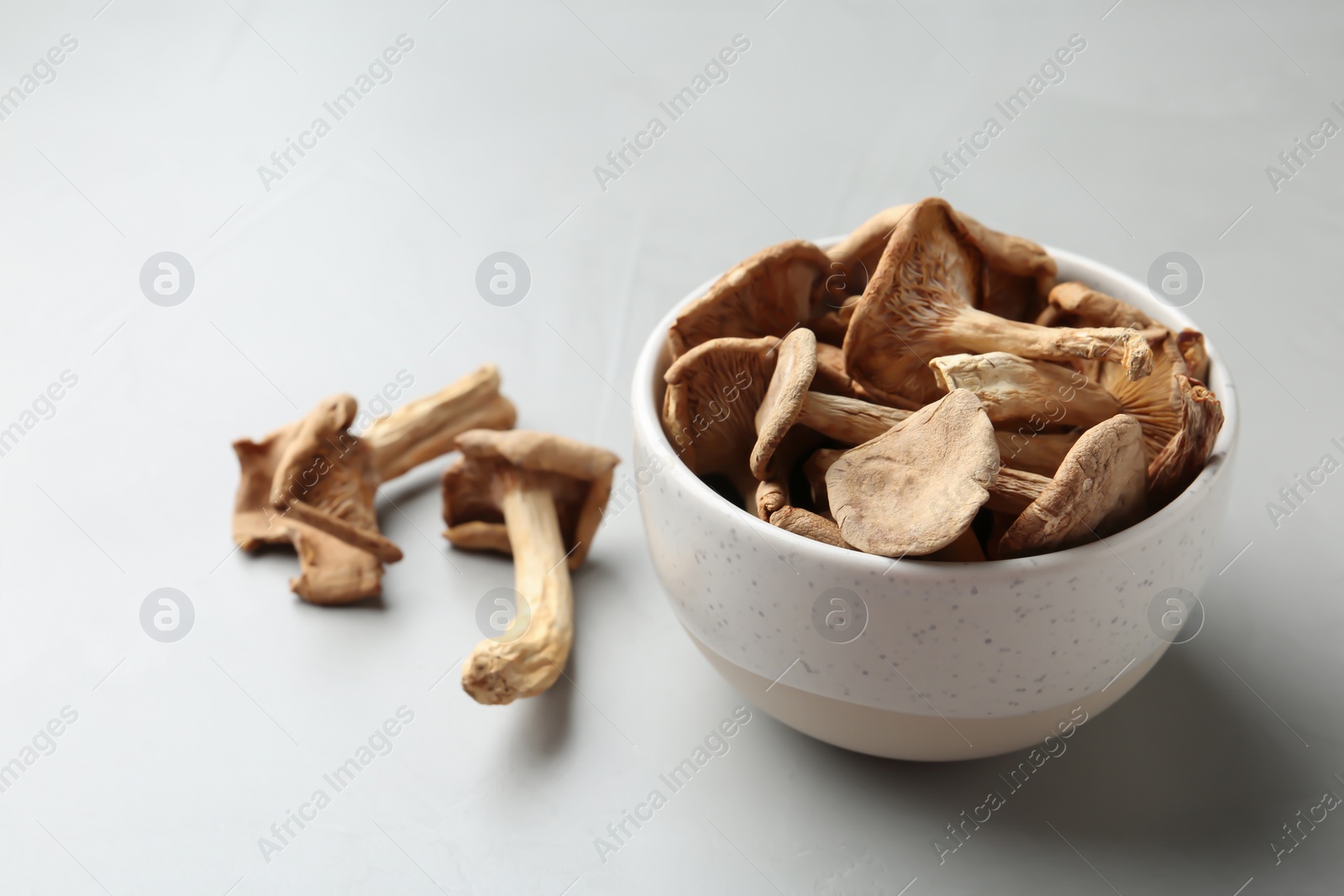 Photo of Bowl of dried mushrooms on color background. Space for text