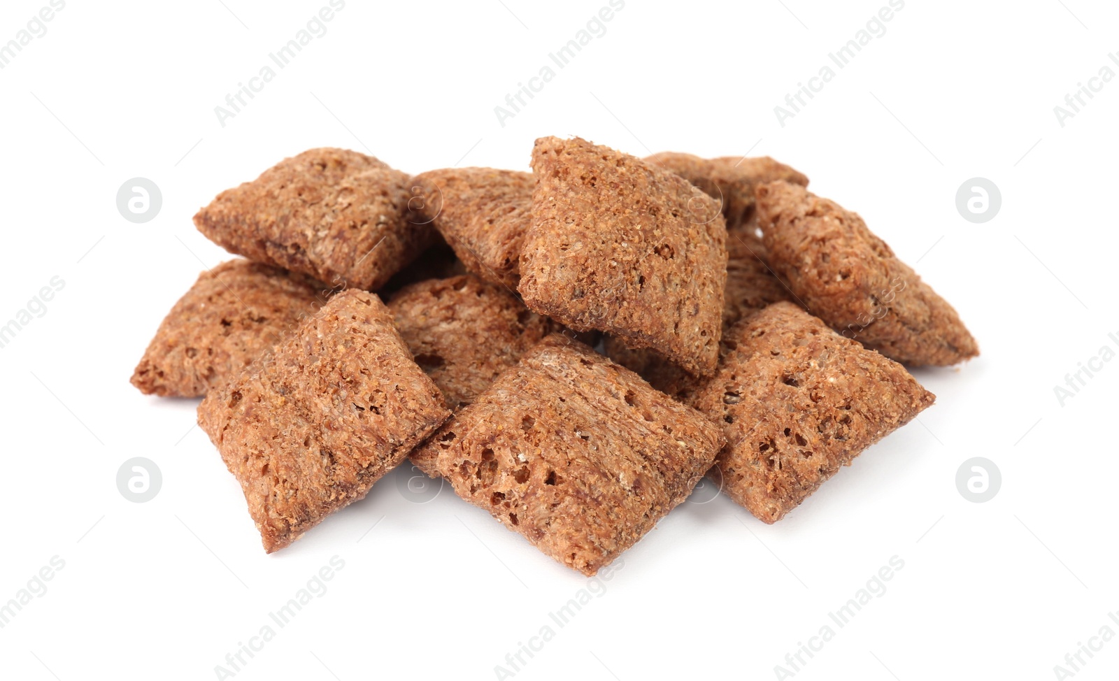 Photo of Heap of sweet crispy corn pads on white background. Breakfast cereal