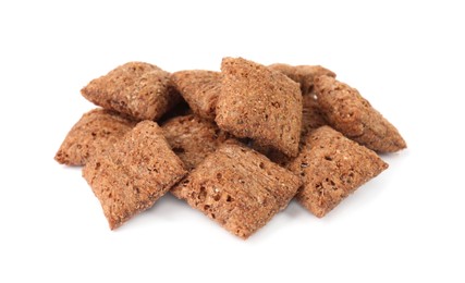 Photo of Heap of sweet crispy corn pads on white background. Breakfast cereal