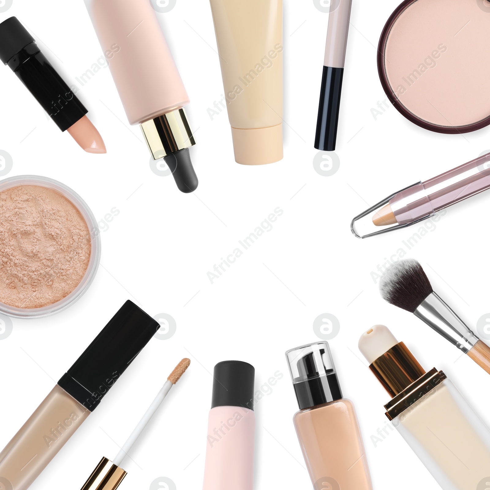 Image of Face powders, concealers, liquid foundations and brush isolated on white. Collection of makeup products