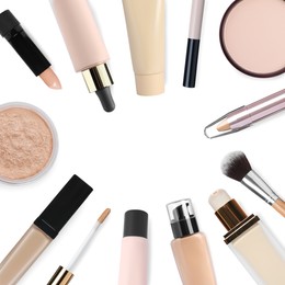 Image of Face powders, concealers, liquid foundations and brush isolated on white. Collectionmakeup products