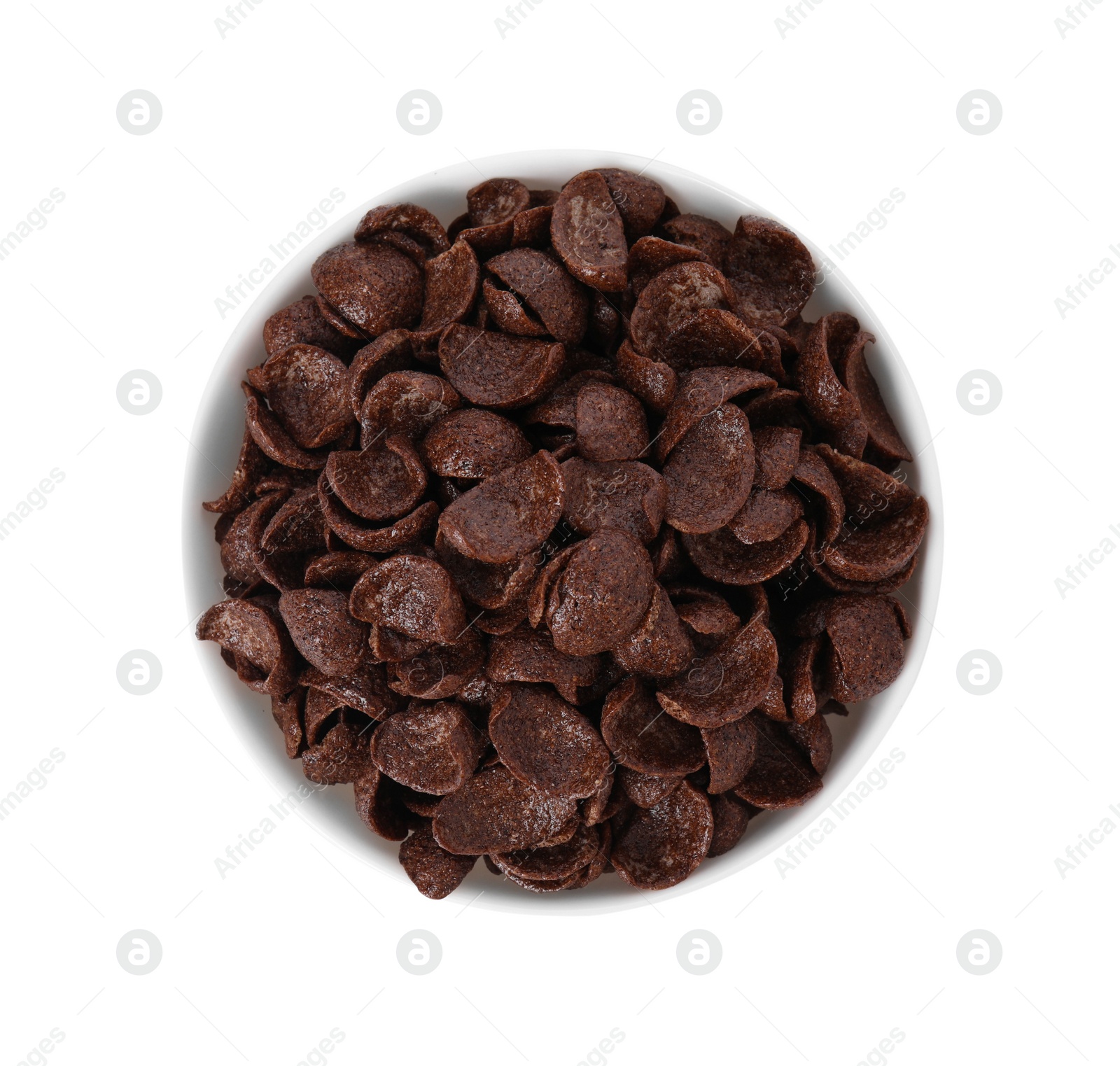 Photo of Breakfast cereal. Chocolate corn flakes in bowl isolated on white, top view