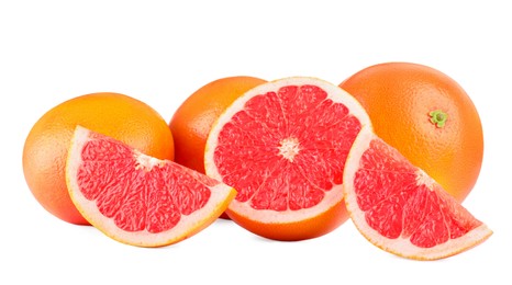 Fresh ripe grapefruits isolated on white. Citrus fruit