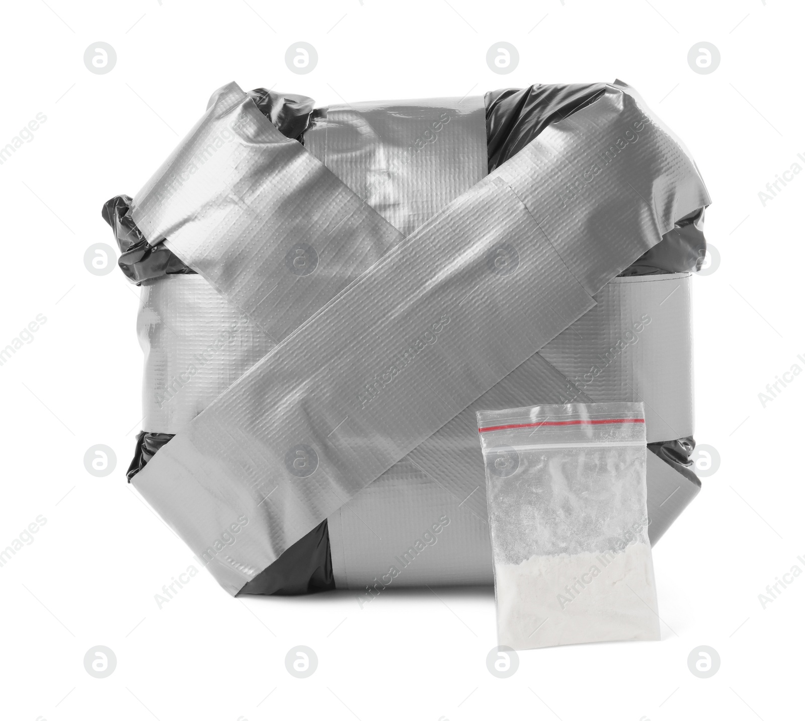 Photo of Packages with narcotics isolated on white. Drug addiction