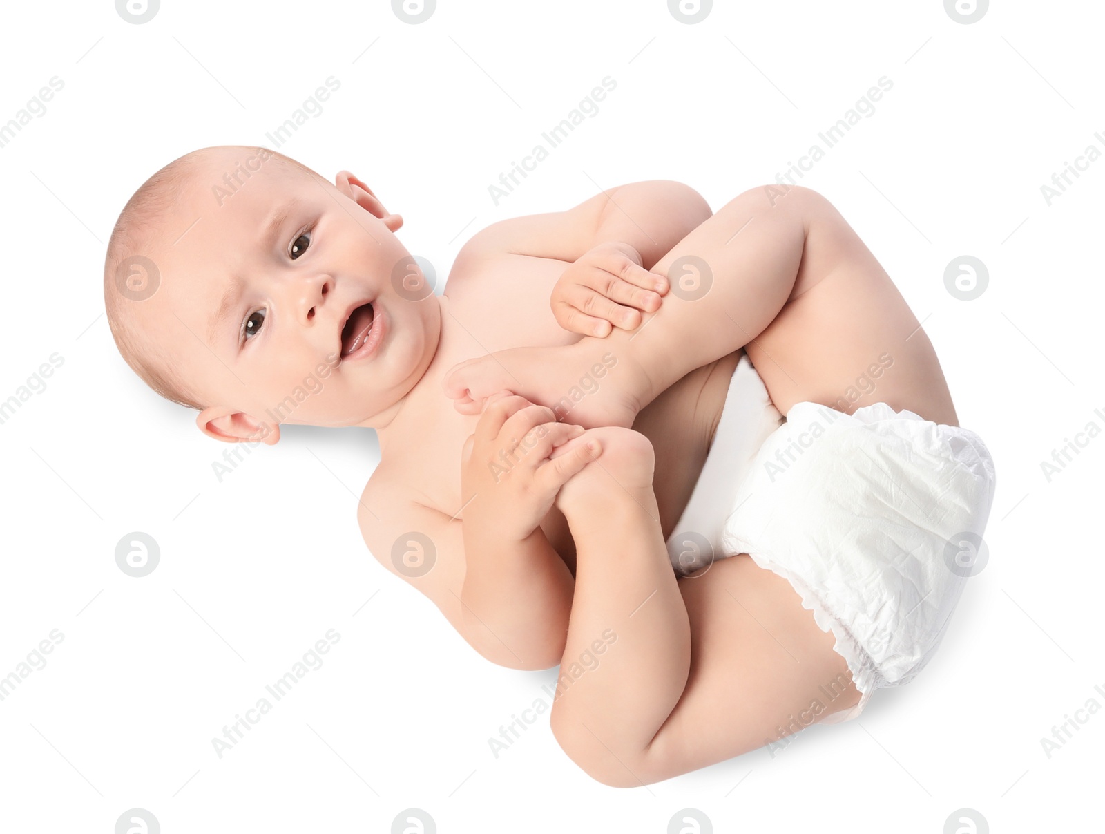 Photo of Cute little baby lying on white background, top view