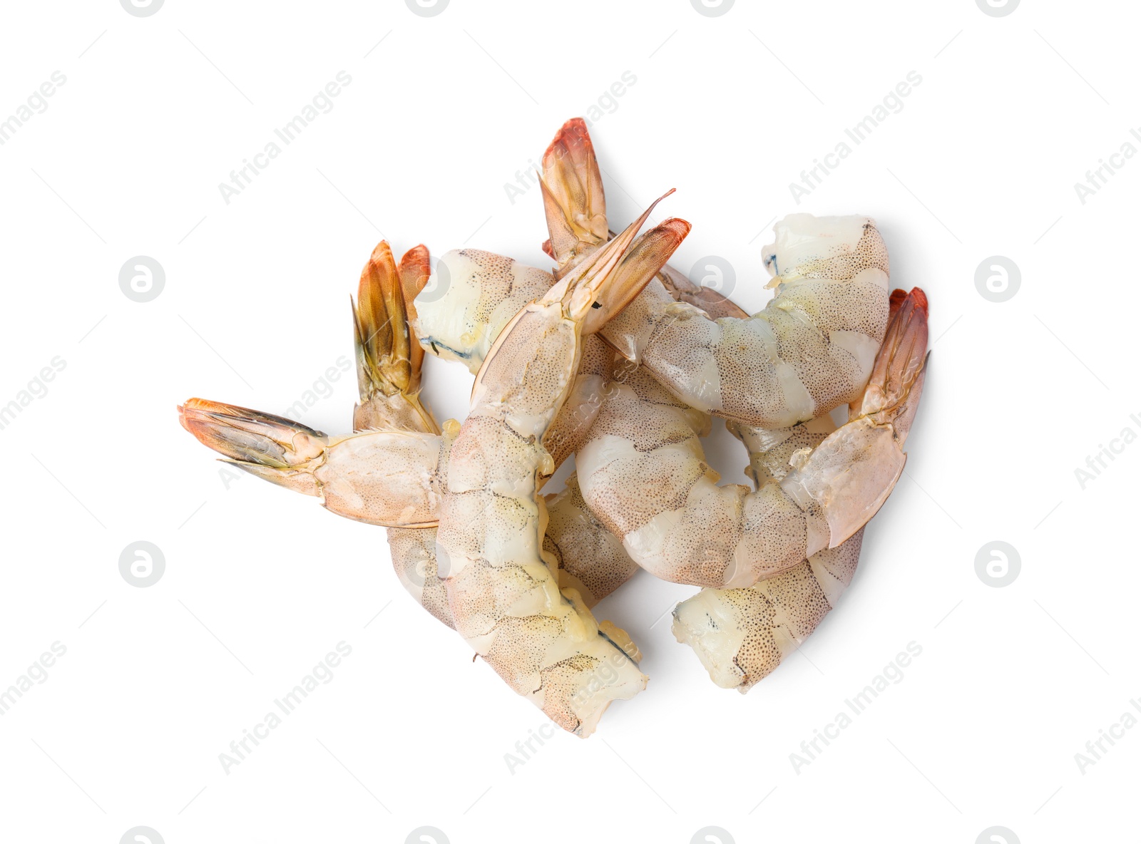 Photo of Fresh raw shrimps isolated on white, top view