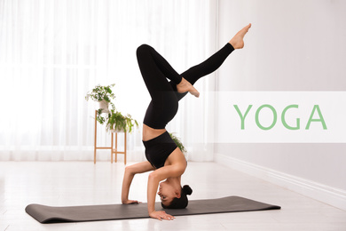 Young woman in sportswear practicing yoga at home