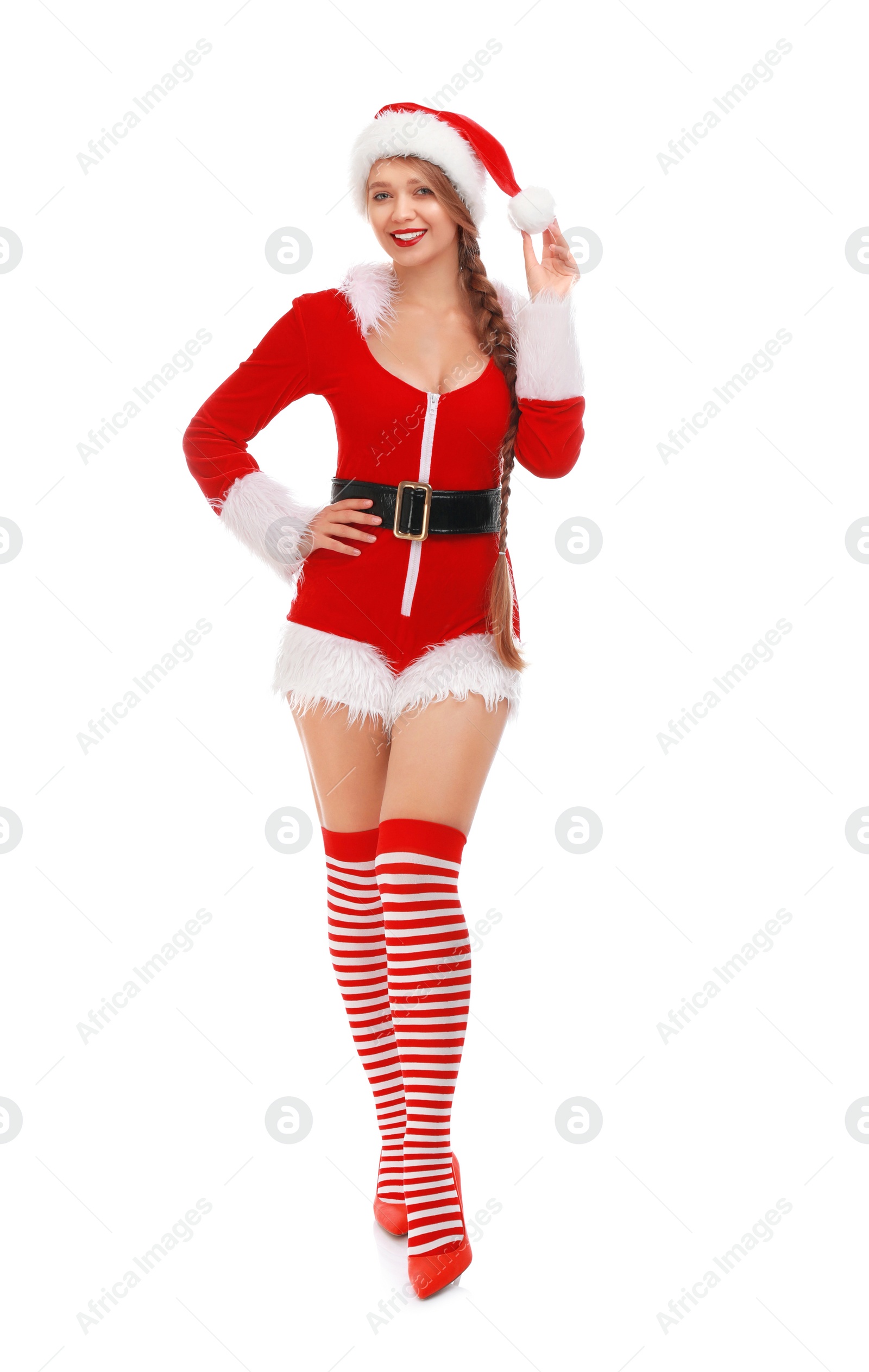 Photo of Beautiful Santa girl on white background. Christmas eve