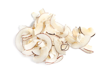 Photo of Pile of tasty coconut chips isolated on white, top view
