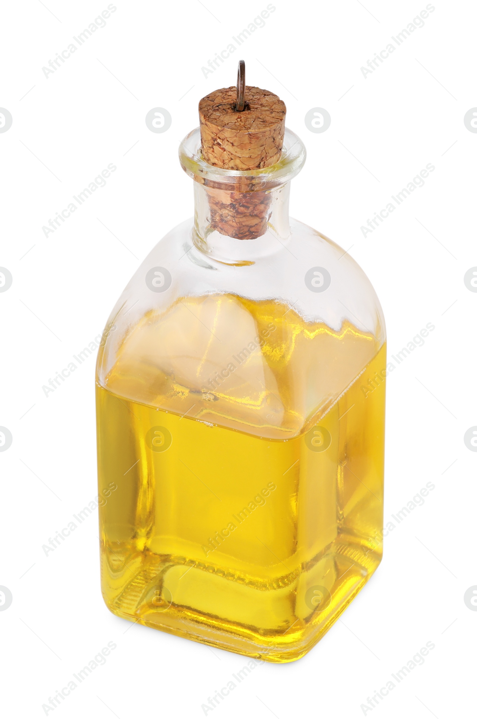 Photo of Glass jug of cooking oil isolated on white