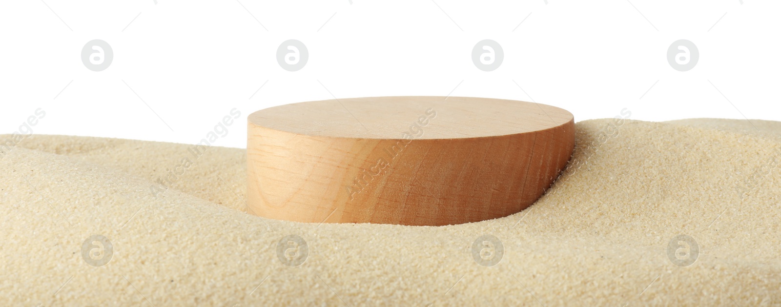 Photo of Presentation of product. Wooden podium on sand against white background. Space for text