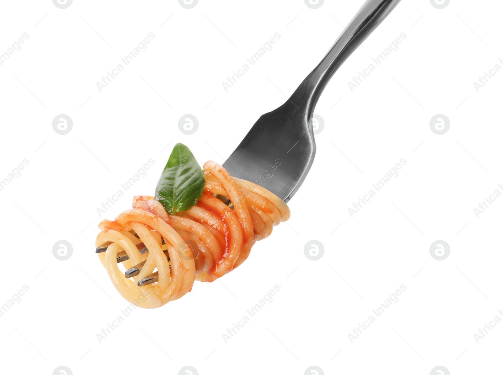 Photo of Fork with tasty pasta, basil and tomato sauce isolated on white