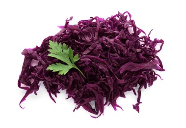 Photo of Tasty red cabbage sauerkraut and parsley isolated on white, top view