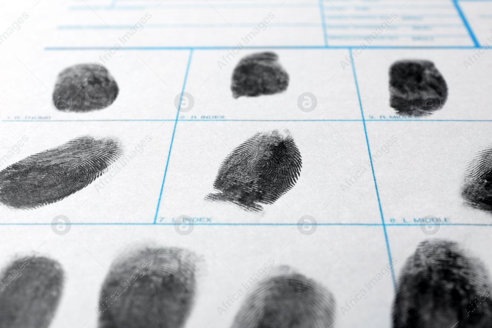 Photo of Police form with fingerprints, closeup. Forensic examination