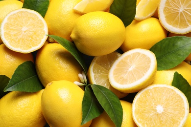 Many fresh ripe lemons with green leaves as background, closeup