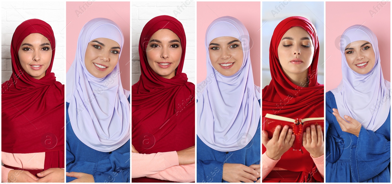 Image of Collage with photos of young Muslim women on different color backgrounds. Banner design  