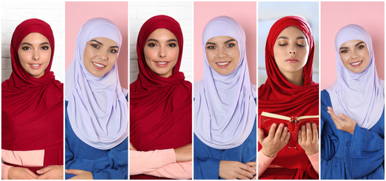 Collage with photos of young Muslim women on different color backgrounds. Banner design  