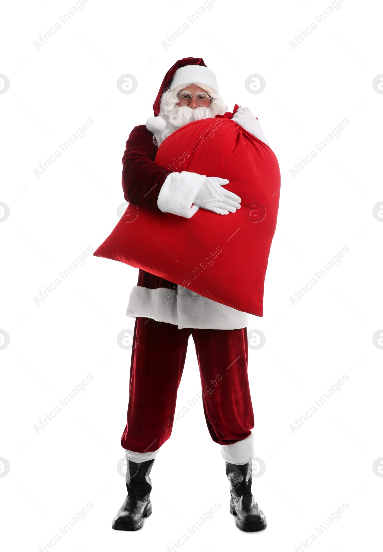 Photo of Santa Claus with sack on white background