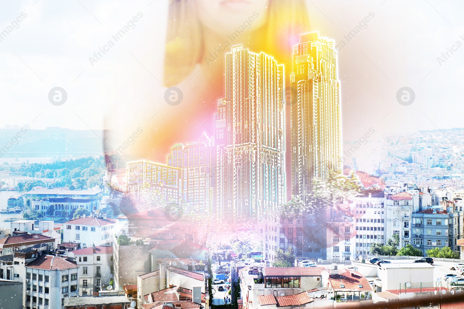 Image of Young woman holding virtual image of buildings, closeup. Modern technology