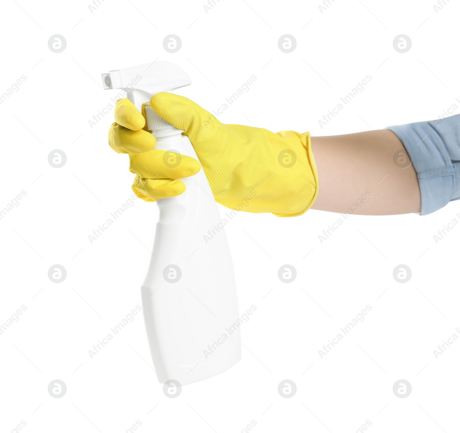 Photo of Person in rubber glove with detergent spray on white background, closeup of hand