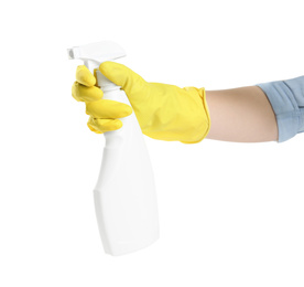 Photo of Person in rubber glove with detergent spray on white background, closeup of hand