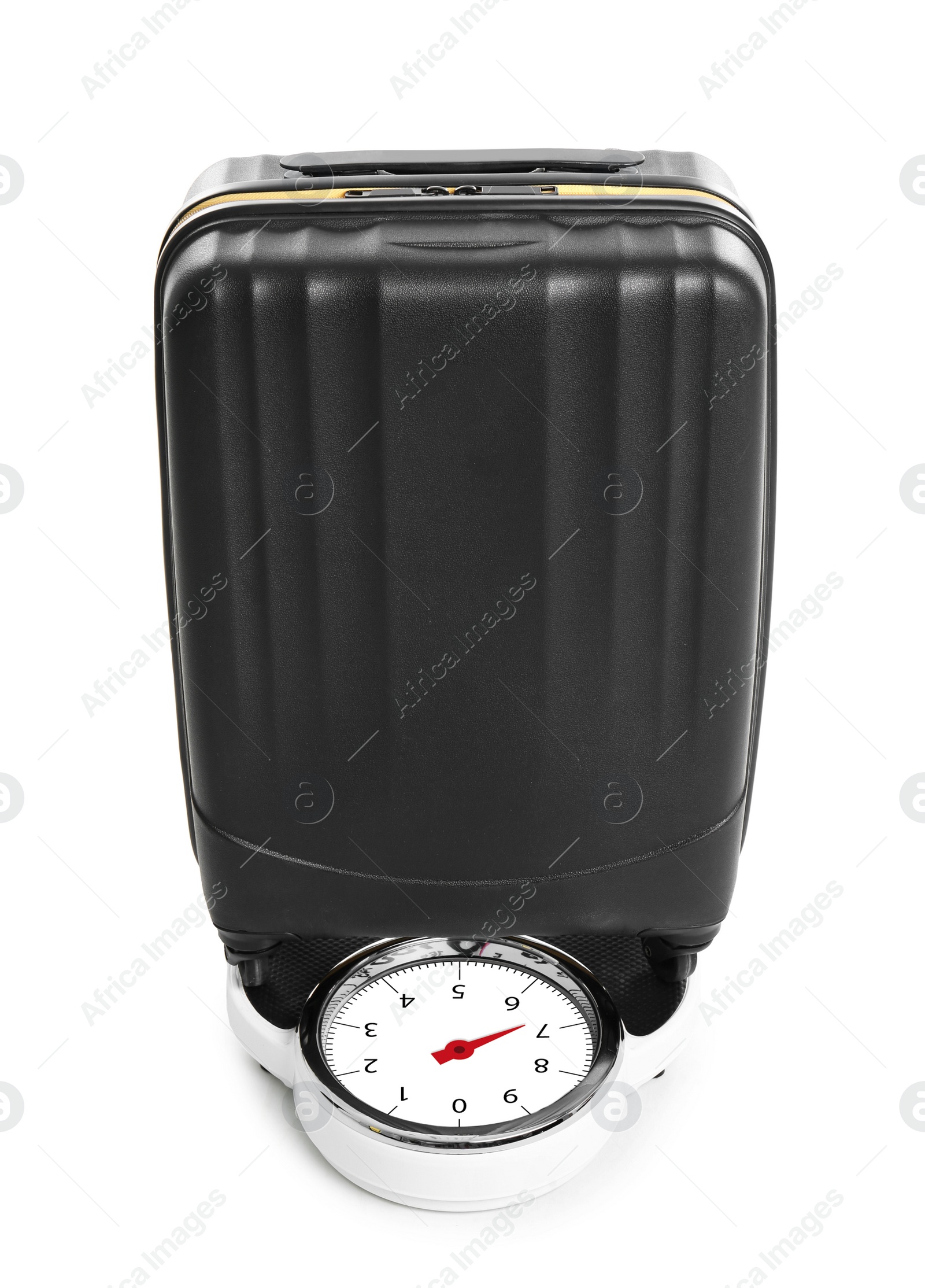 Photo of Weighing stylish suitcase on scales, white background