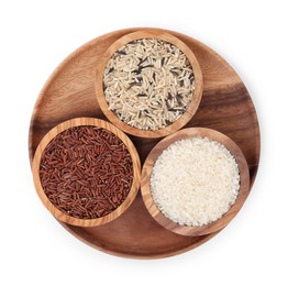 Photo of Bowls with different sorts of rice isolated on white, top view