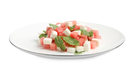 Photo of Delicious salad with watermelon, arugula and feta cheese isolated on white