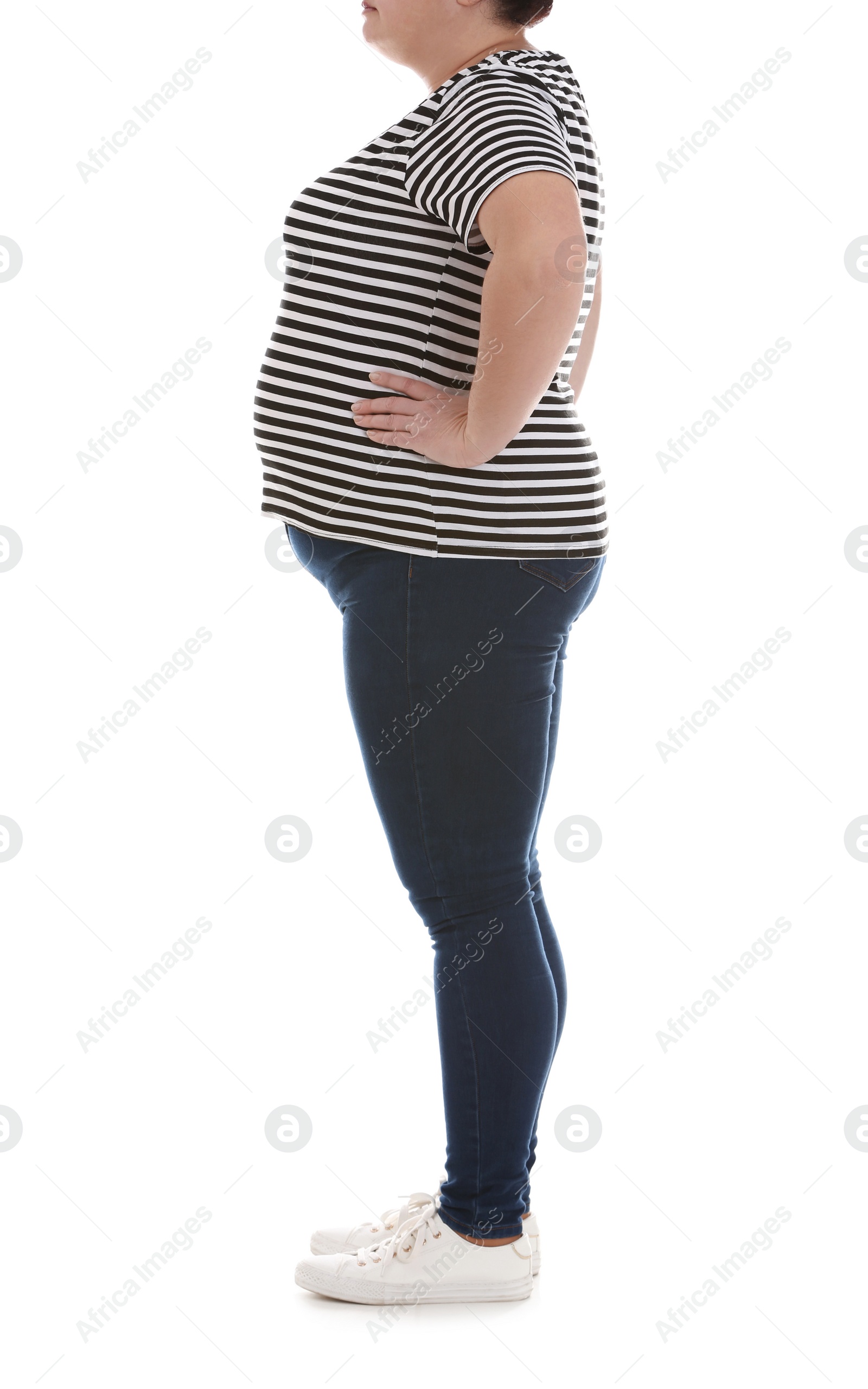 Photo of Overweight woman on white background, closeup. Weight loss