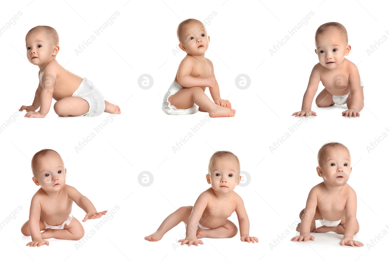 Image of Collage of cute little baby on white background