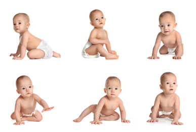 Collage of cute little baby on white background