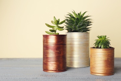 Beautiful houseplants in tin cans on light grey wooden table