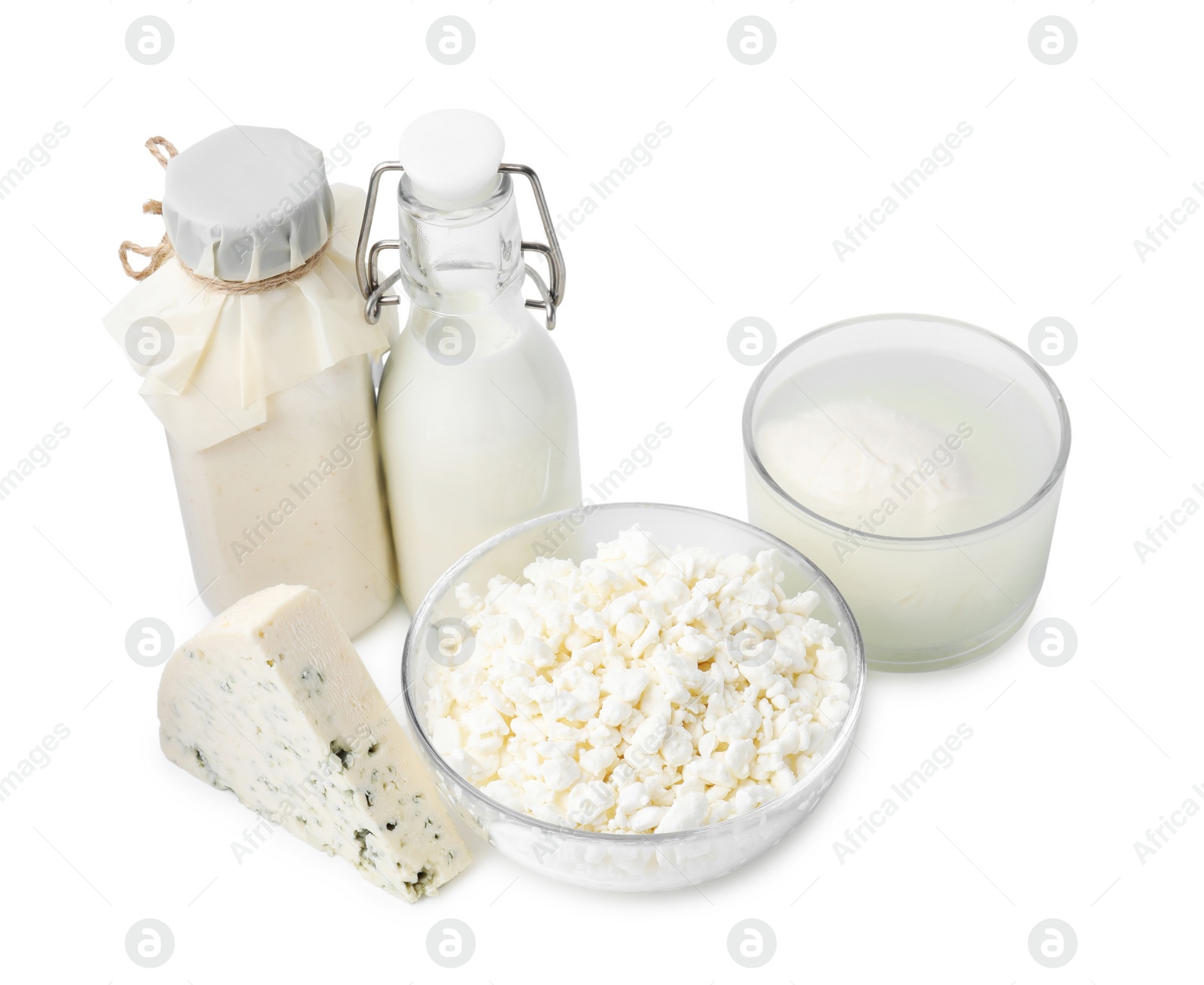 Photo of Different fresh dairy products isolated on white