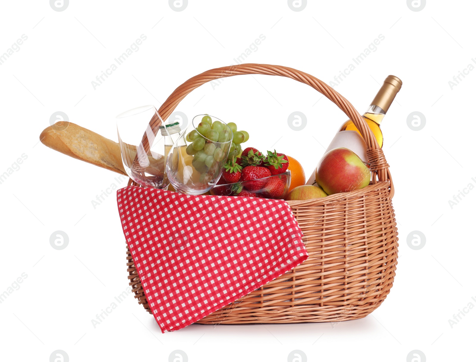 Photo of Picnic basket with wine and food isolated on white