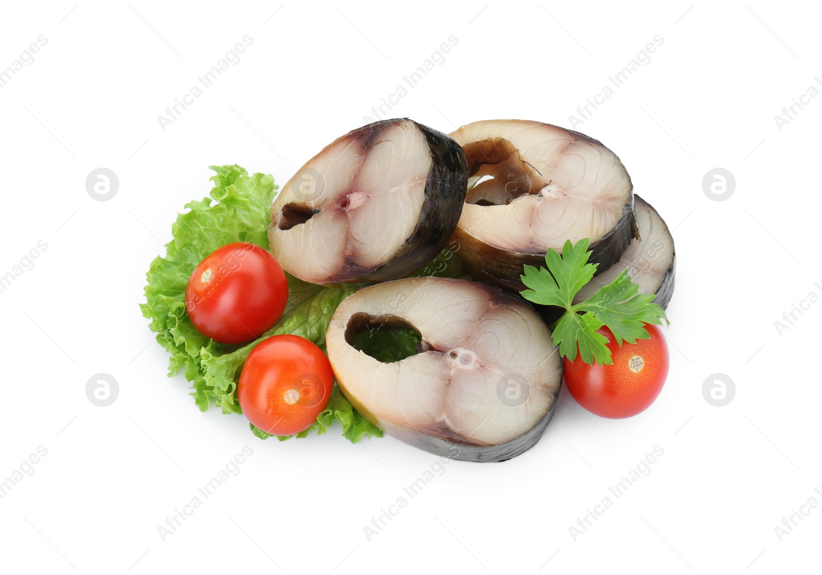 Photo of Slices of tasty smoked mackerel with tomatoes and lettuce on white background