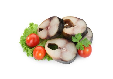 Slices of tasty smoked mackerel with tomatoes and lettuce on white background