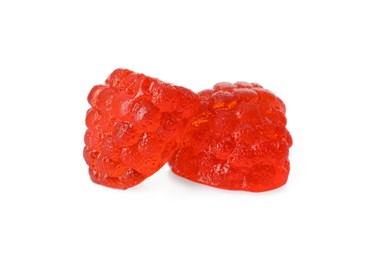 Photo of Delicious gummy raspberry candies on white background