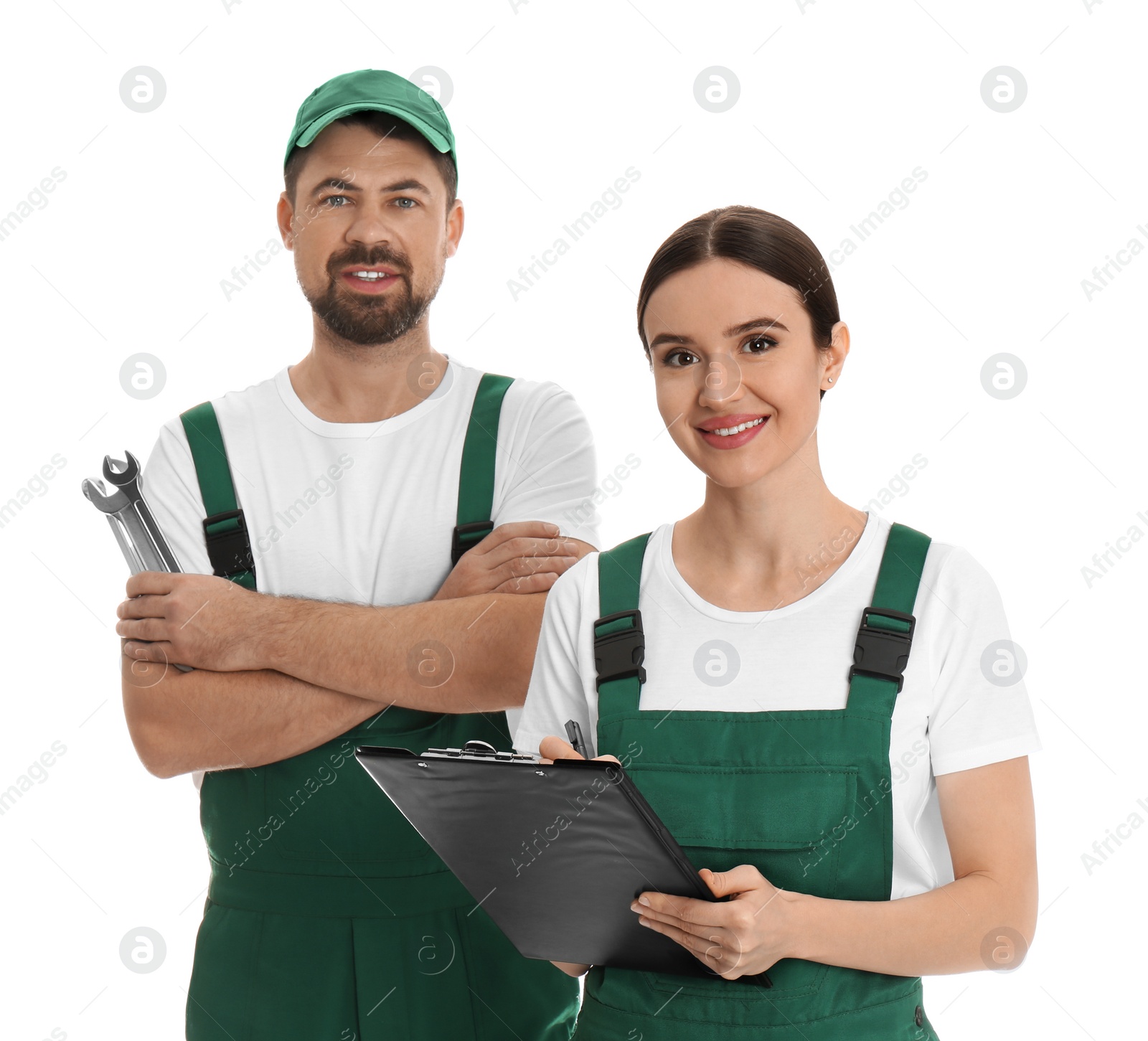 Photo of Portrait of professional auto mechanics on white background