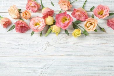 Photo of Flat lay composition with beautiful Eustoma flowers on white wooden table, space for text