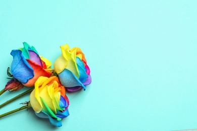 Photo of Rainbow rose flowers on color background, top view