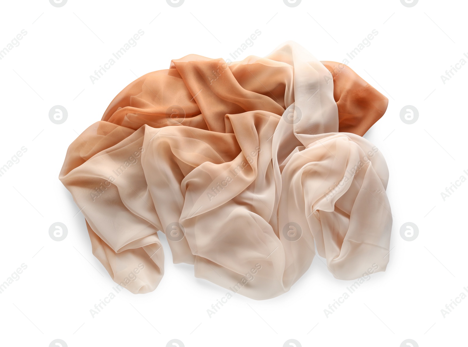 Photo of Beautiful beige tulle fabric on white background, top view