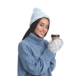 Happy beautiful woman with paper cup of mulled wine on white background