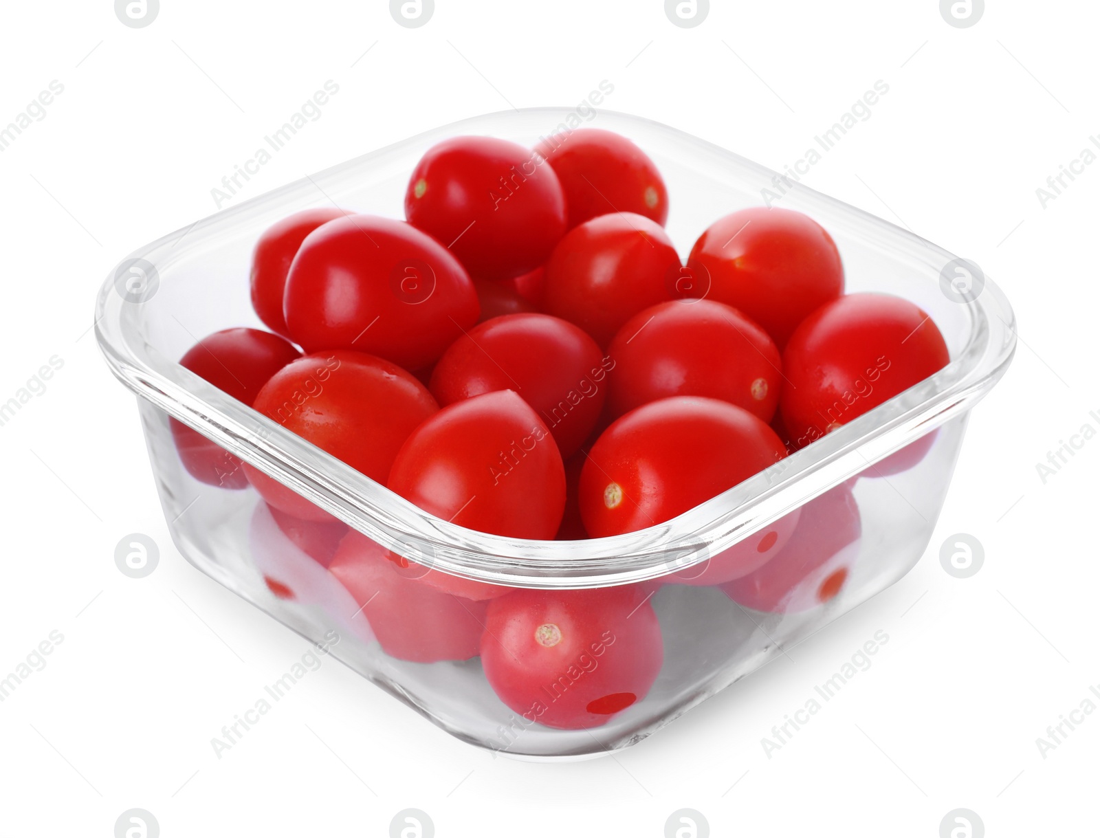 Photo of Glass container with fresh cherry tomatoes isolated on white