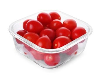 Glass container with fresh cherry tomatoes isolated on white