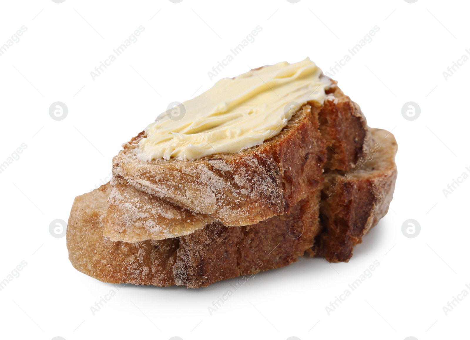 Photo of Slices of tasty bread with butter isolated on white