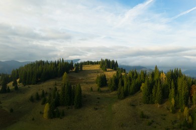 Image of Aerial view of beautiful mountain landscape on sunny day