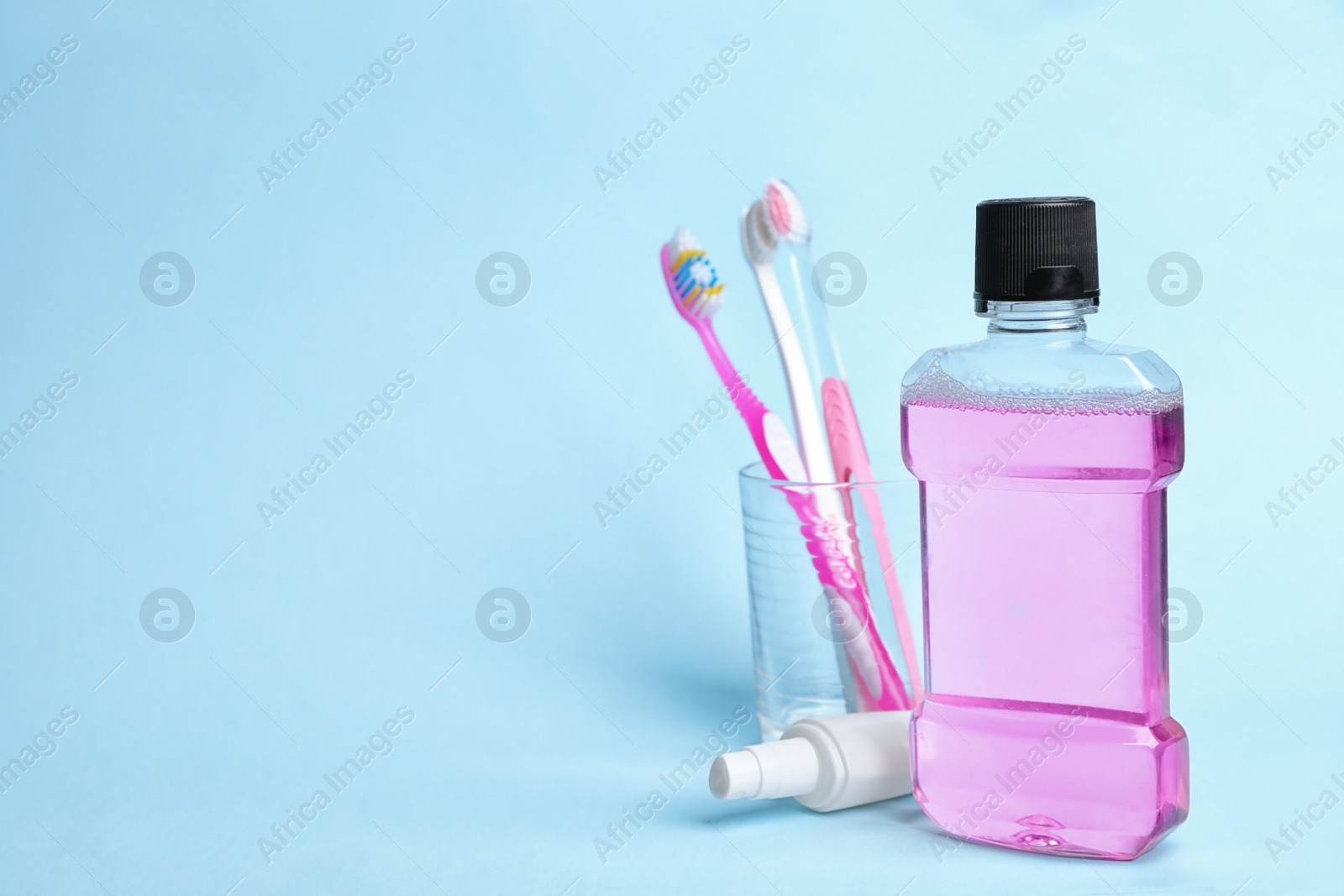 Photo of Oral care products and space for text on color background. Teeth hygiene