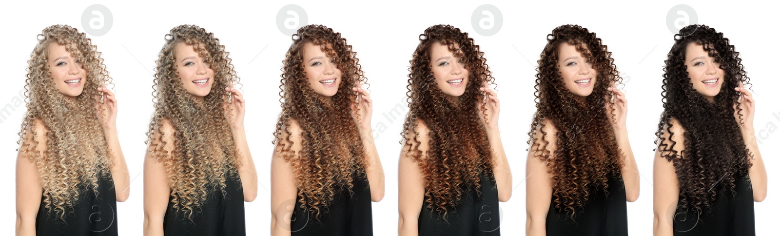 Image of Collage with photos of beautiful young woman with different hair colors on white background. Banner design