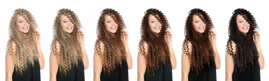 Image of Collage with photos of beautiful young woman with different hair colors on white background. Banner design